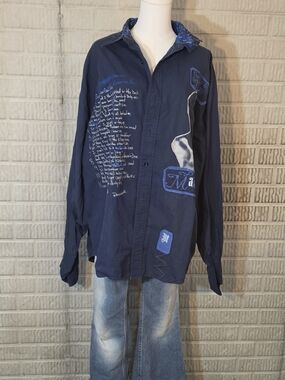 Vintage Y2K Navy Blue Makaveli Branded Button Down Mens Big and Tall 3XL